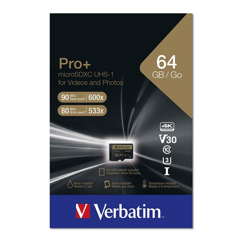 64GB Verbatim PRO+ 600X microSDHC UHS-I Memory Card with Adapter | Class10 - 300x / 600x | UHS-I V30 U3