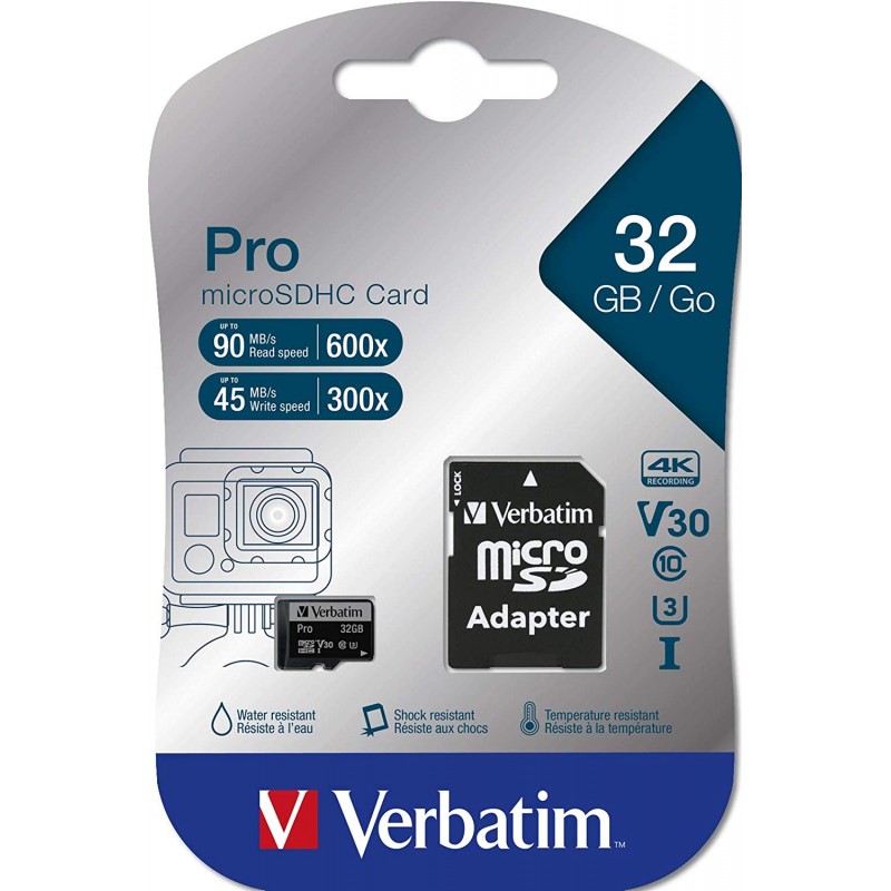 32GB Verbatim PRO 600X microSDHC UHS-I Memory Card with Adapter | Class10 - 300x / 600x | UHS-I V30 U3