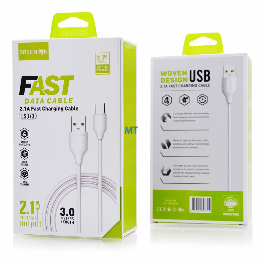 Cable Fast Charge Type-A to Type-C 3m Green On LS373