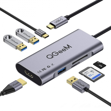 QGeeM 7 in 1 100W Type-C Hub to HDMI 4K/USB 3.0*3/Type-C/SD/TF Card Readers Adapter