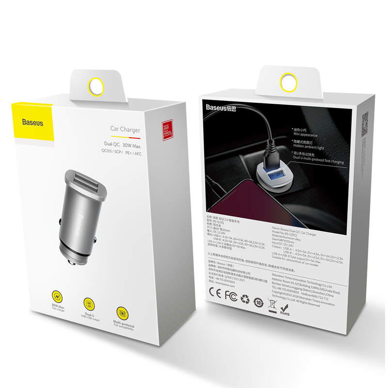 Baseus Car Charger Square metal A + A 30W Dual QC3.0 (SCP.AFC) Silver (CCALL-DS0S)