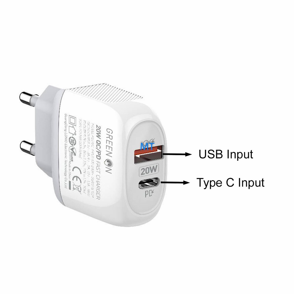 GREEN ON GREEN ON 20W Dual PD + QC3.0 Travel Charger A2316C-EU Lightning
