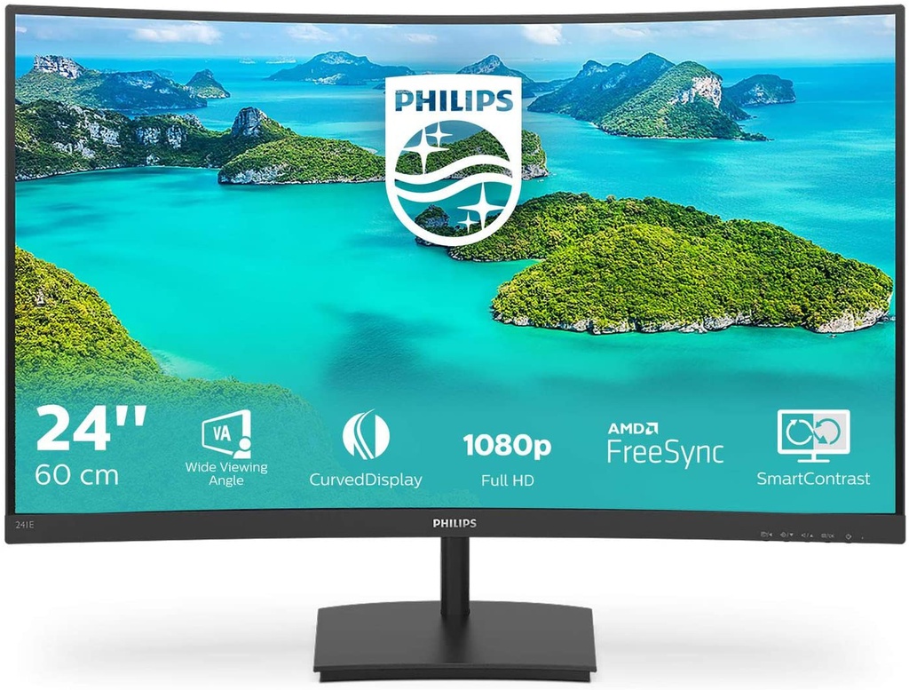 Philips 241E1SCA - 24 Inch FHD Curved monitor, AMD FreeSync, Speakers, SmartImage (1920 x 1080, 75 Hz, 250 cd/m², 4 ms, VA, HDMI/VGA)